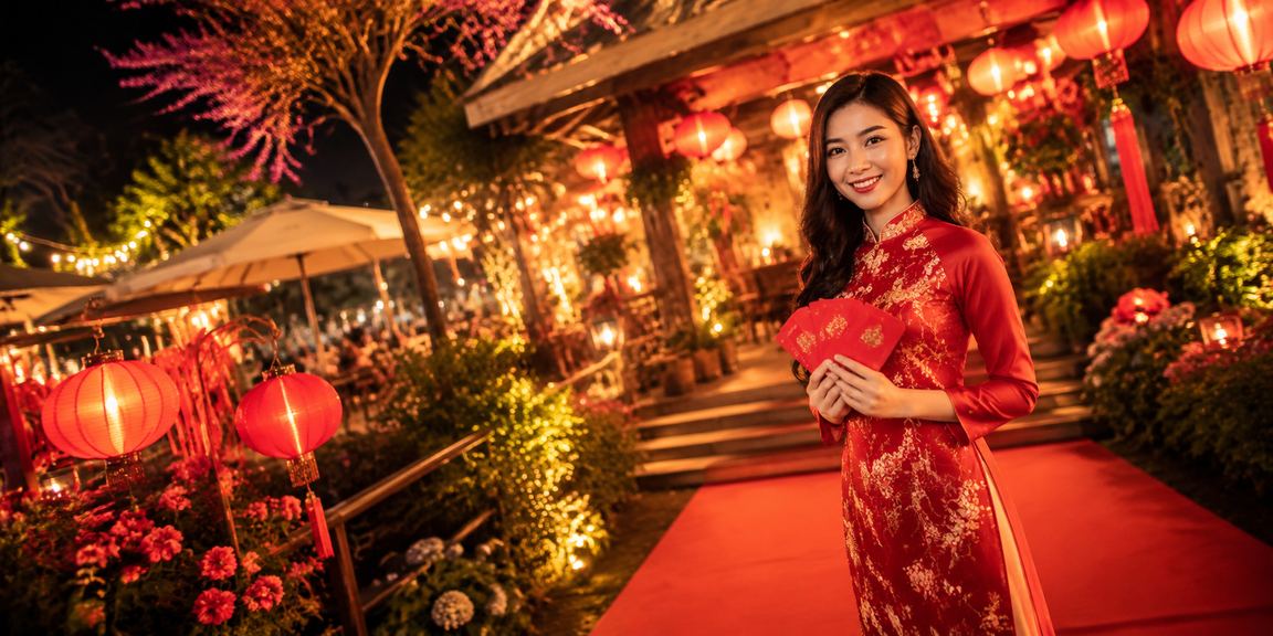 Phong bì đỏ thưởng bên tách cà phê Đà Lạt trong không khí lễ hội