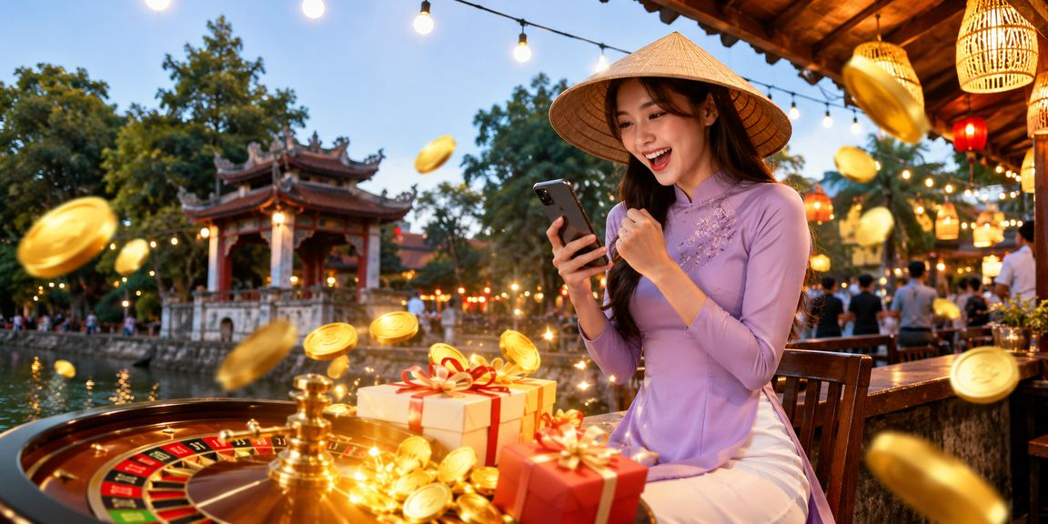 Bàn chơi roulette cạnh nón lá truyền thống Hà Nội trong không gian casino hiện đại